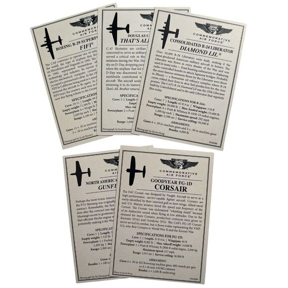 WWII Commemorative Air Force Trading Cards B29 C47 B24 P51 FG1D Military Planes - Picture 2 of 2